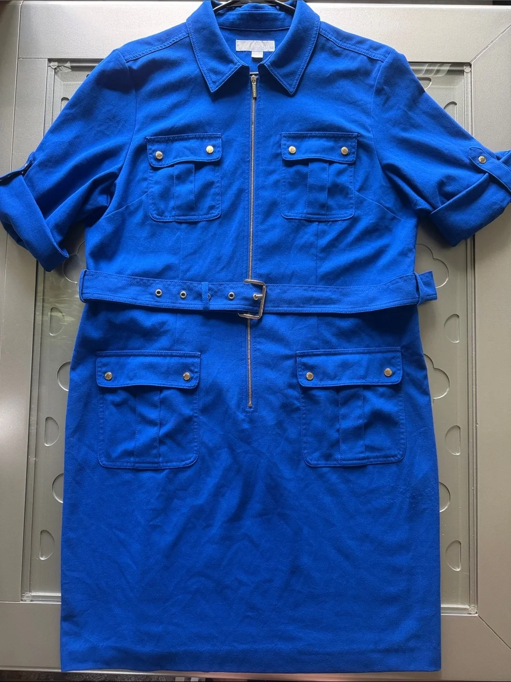 MICHAEL KORS Blue Zip Front Belted Utility Shirt Dress Women’s Size XL